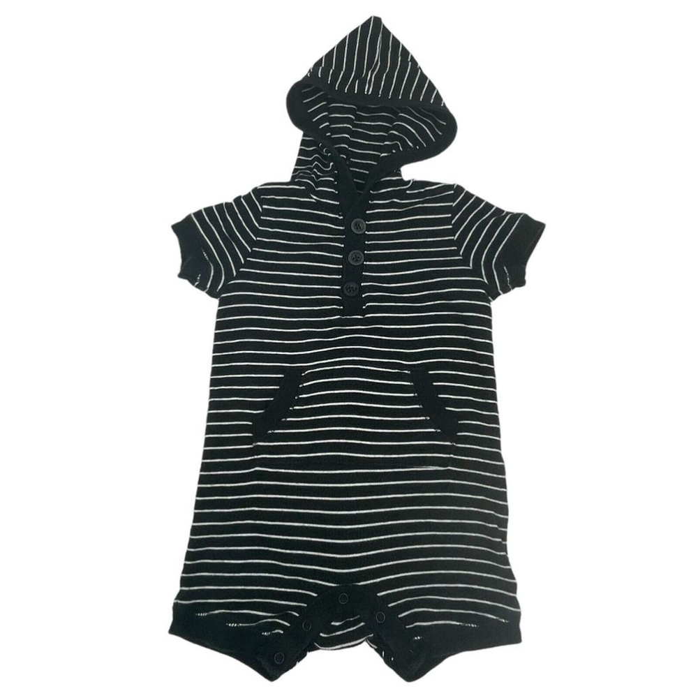 Old Navy Romper Babies 3-6 Months Black White Striped Cotton Hooded Short Sleeve